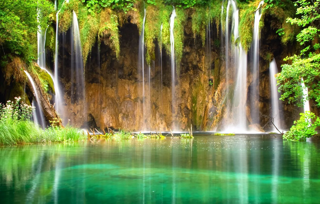 Photo wallpaper tropics, pond, waterfall, waterfall, laguna, mirror