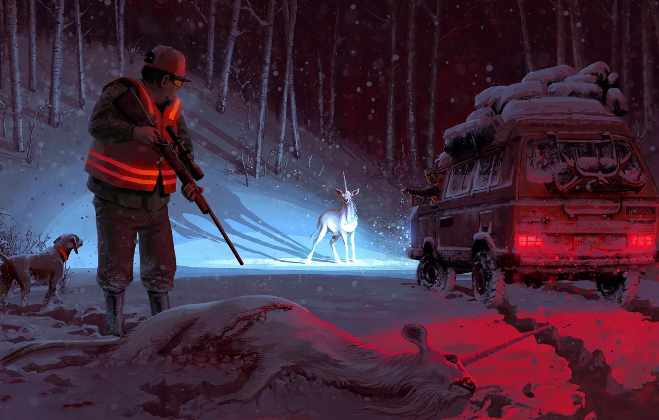Photo wallpaper winter, machine, snow, unicorn, hunter