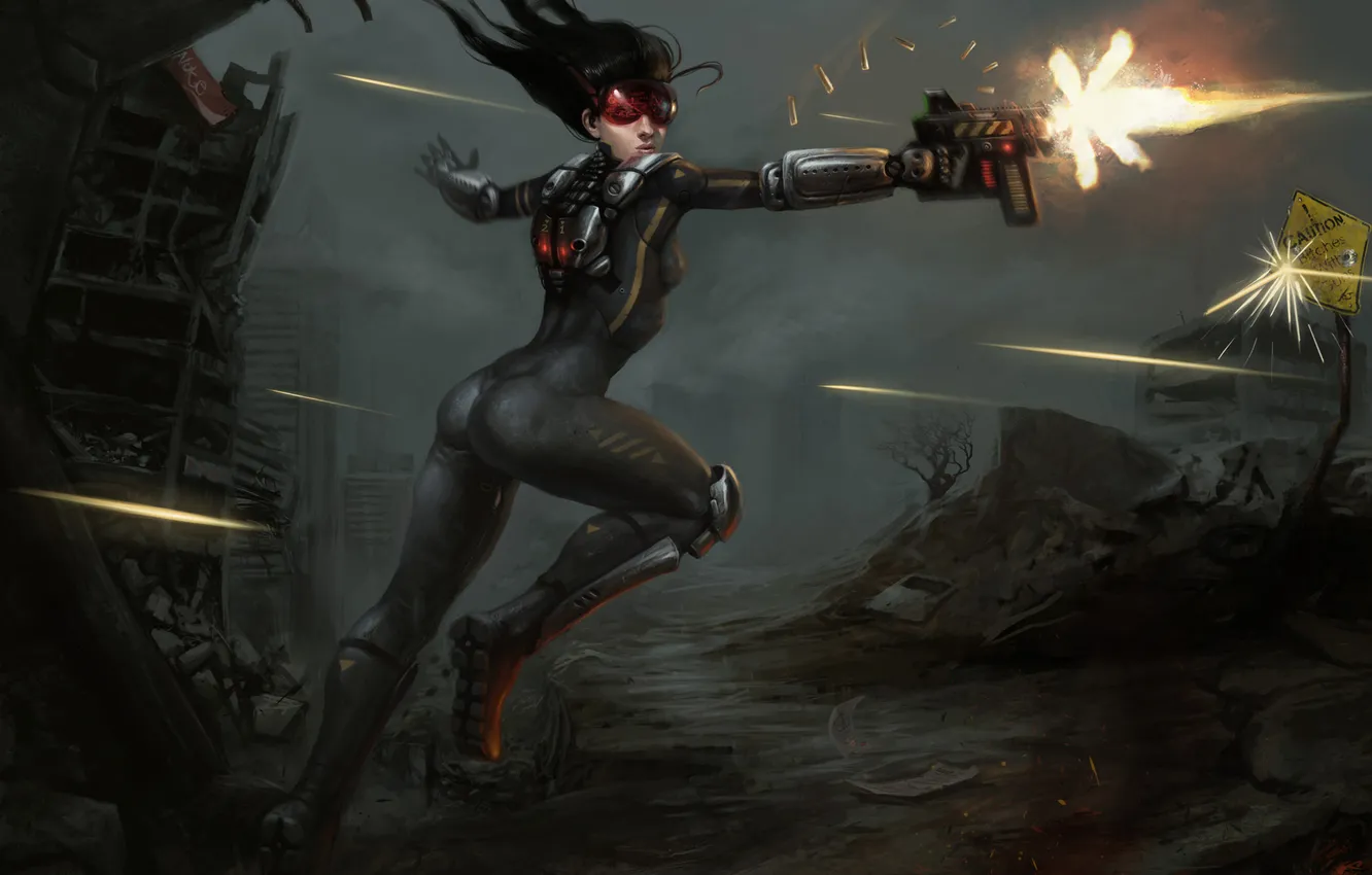 Photo wallpaper girl, the city, weapons, art, glasses, shooting, ruins