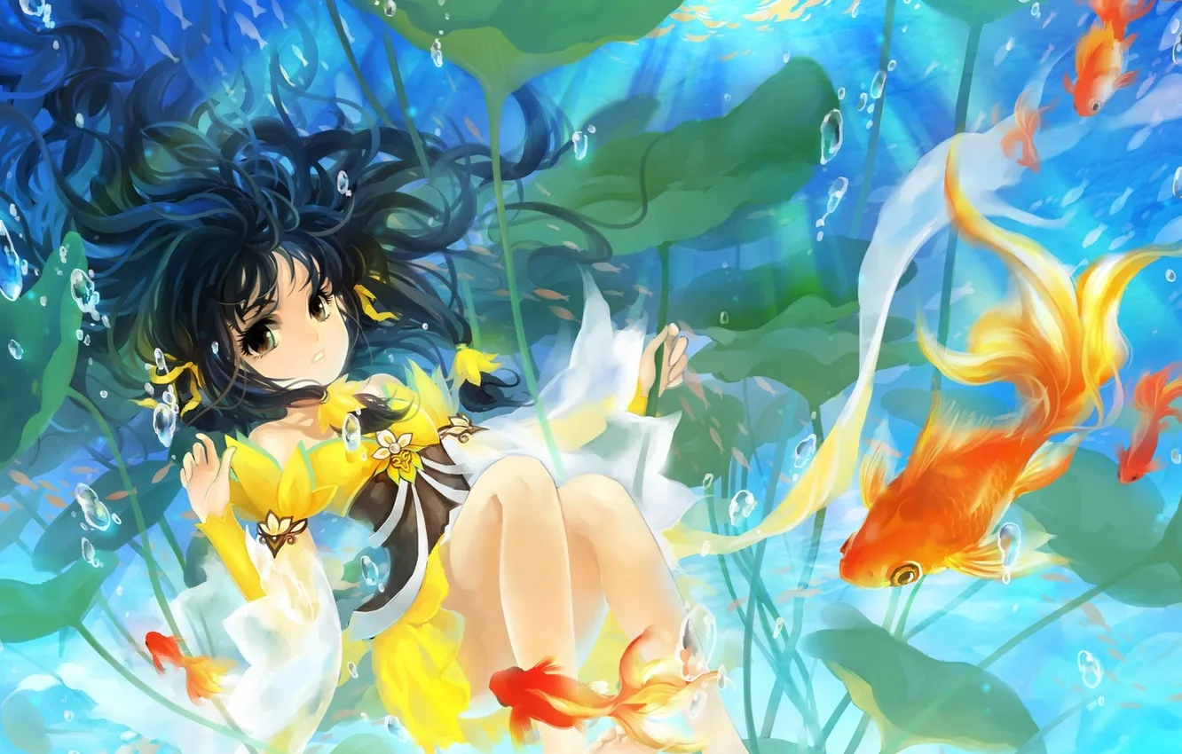 Photo wallpaper leaves, girl, algae, fish, depth, art, huazha01