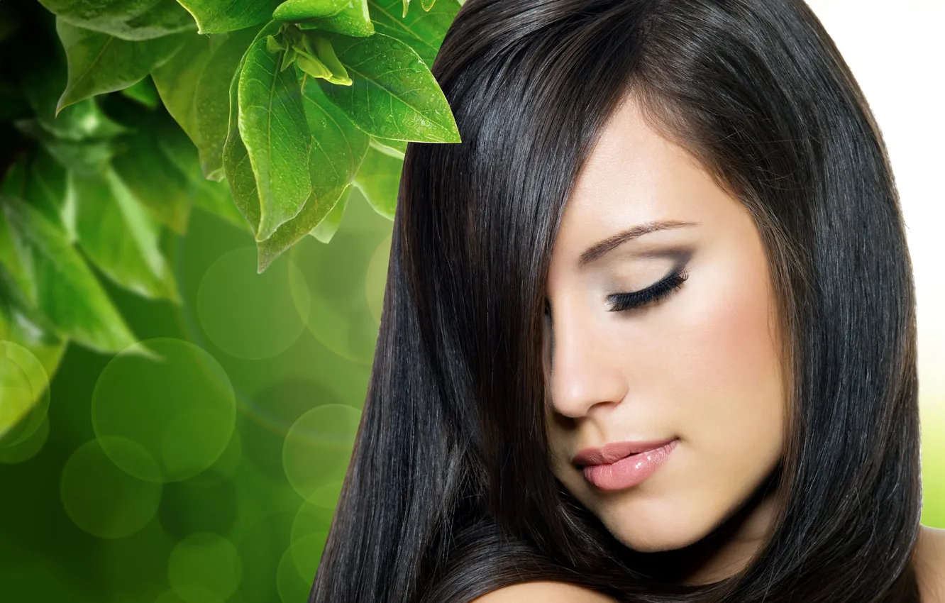 Photo wallpaper leaves, girl, nature, eyelashes, hair, makeup, green, lips