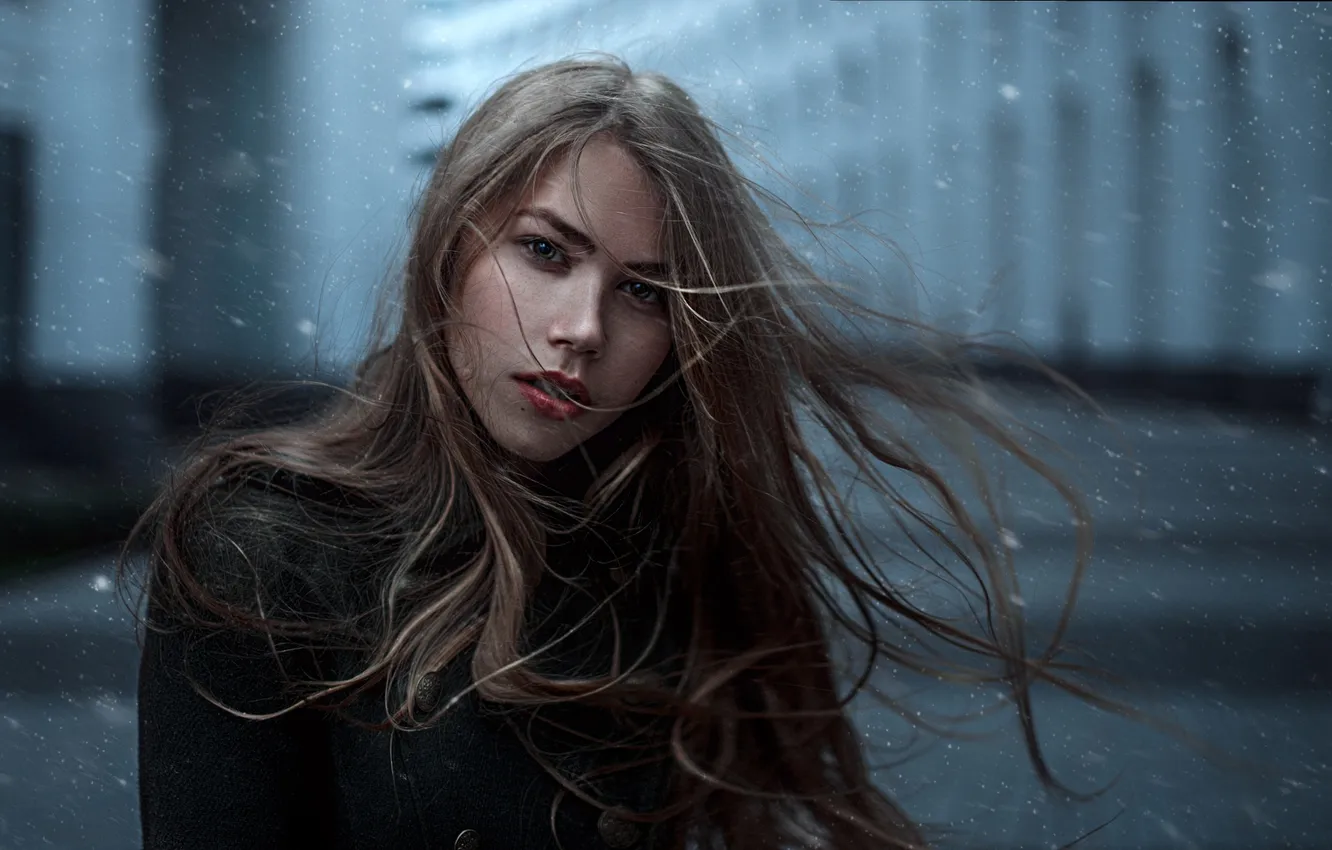 Photo wallpaper look, girl, snow, the wind, beauty, beautiful, Maria Zakharova