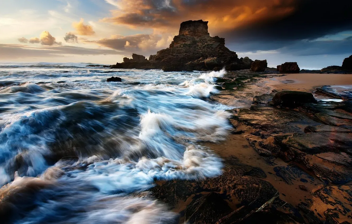 Photo wallpaper sea, wave, sunset, stones, shore, cloud
