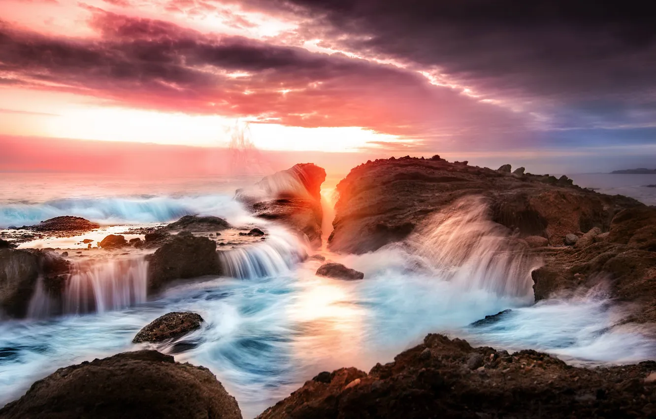 Photo wallpaper sea, wave, the sky, stones, shore, coast