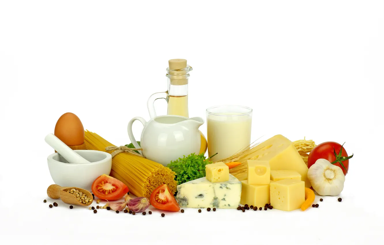 Photo wallpaper greens, oil, eggs, cheese, milk, pitcher, tomatoes, carrots