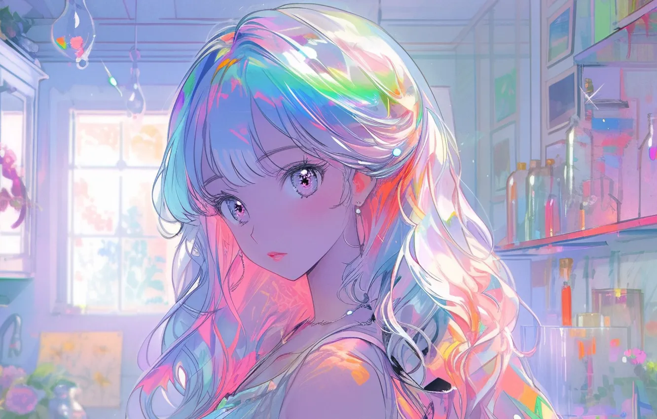 Photo wallpaper girl, blue eyes, long hair, in the room, bangs