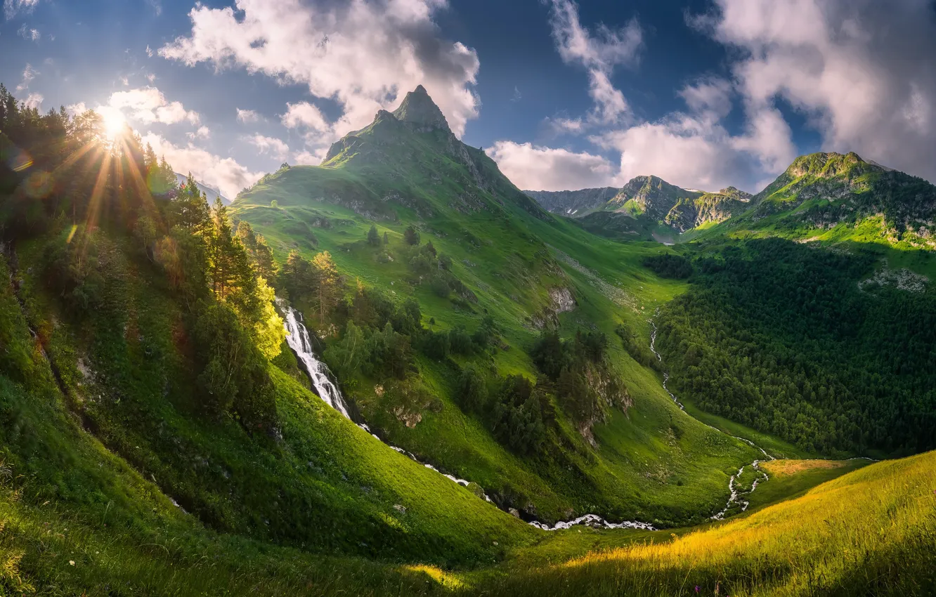 Photo wallpaper summer, sky, mountains, clouds, sun, waterfall, Krasnaya Polyana, stream