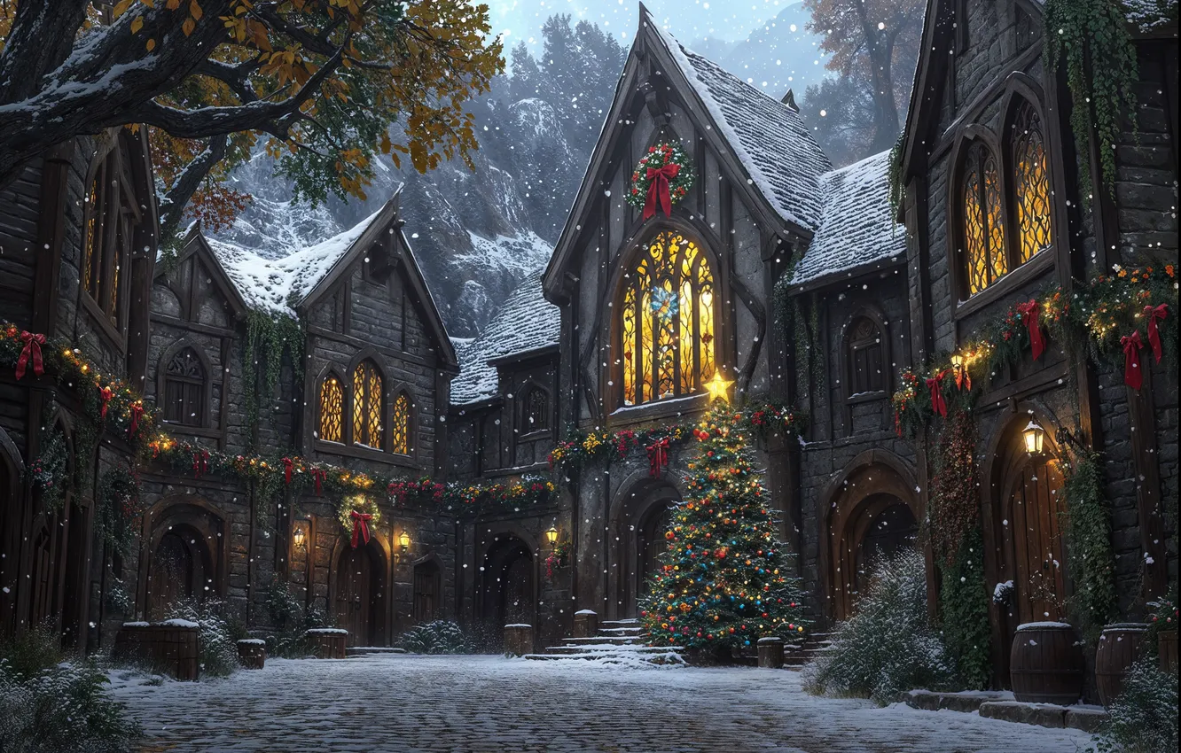 Photo wallpaper winter, snow, tree, new year, home, Christmas, town, twilight
