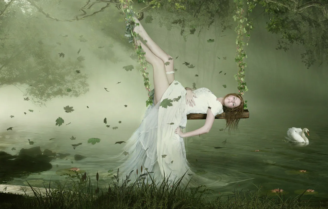 Photo wallpaper Swan, Leaves, Dress, Swing