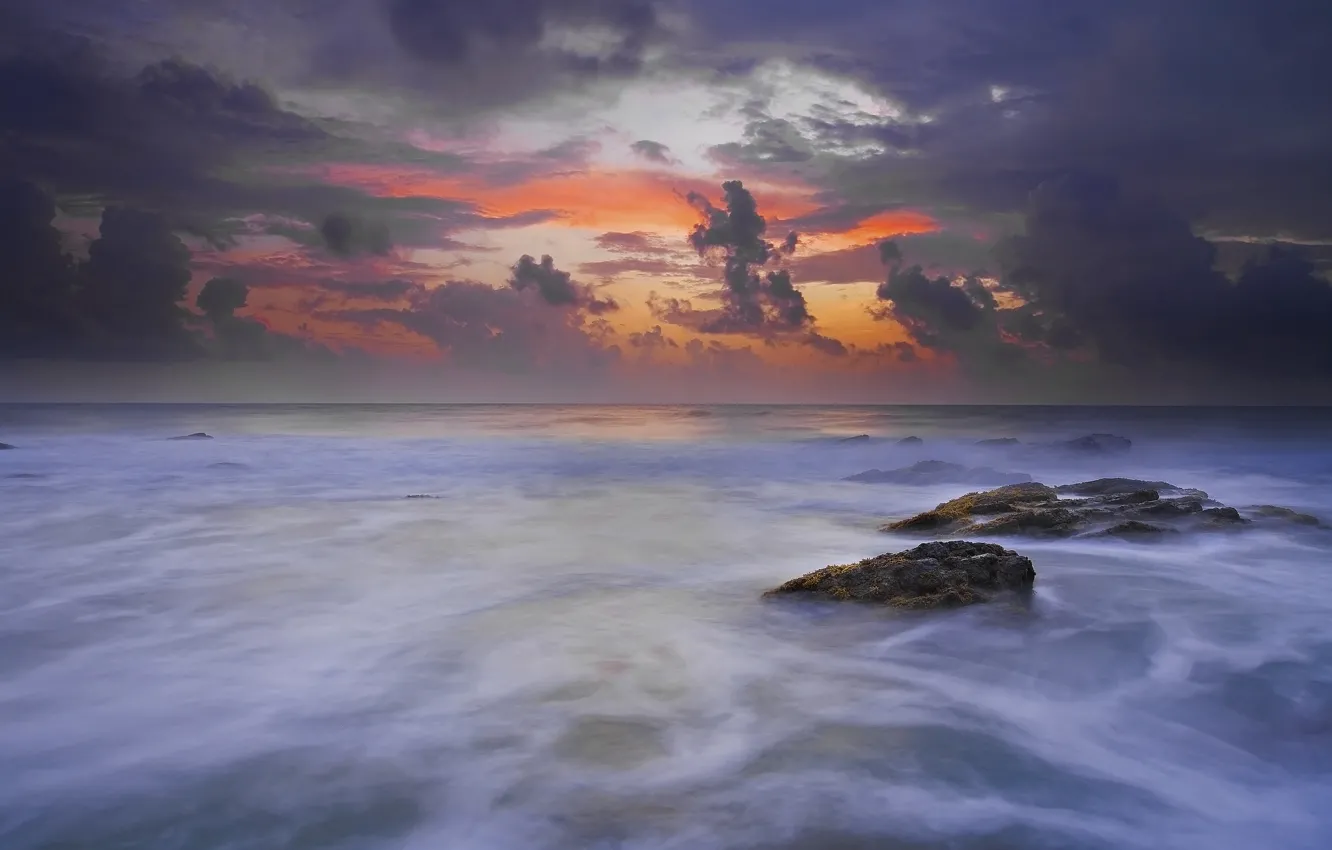 Photo wallpaper the sky, clouds, clouds, stones, dawn, shore, Sea, morning