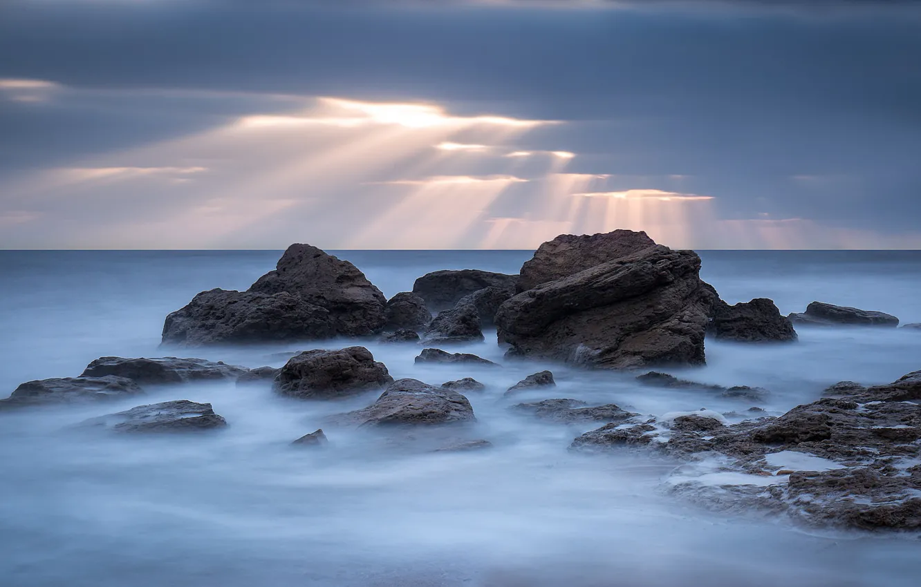 Photo wallpaper sea, clouds, rocks, solnechno rays