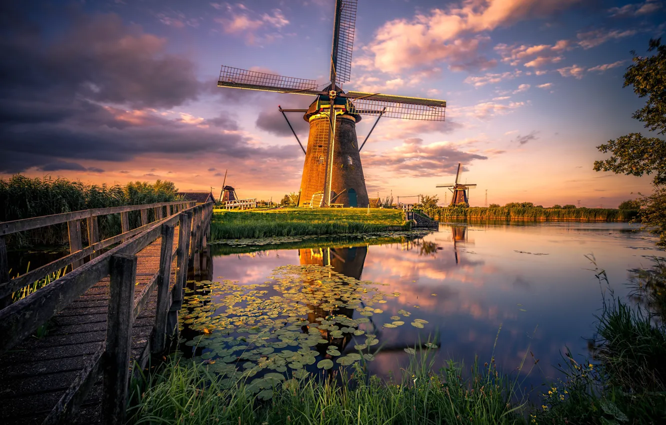 Photo wallpaper the sky, clouds, channel, Netherlands, the bridge, Windmills
