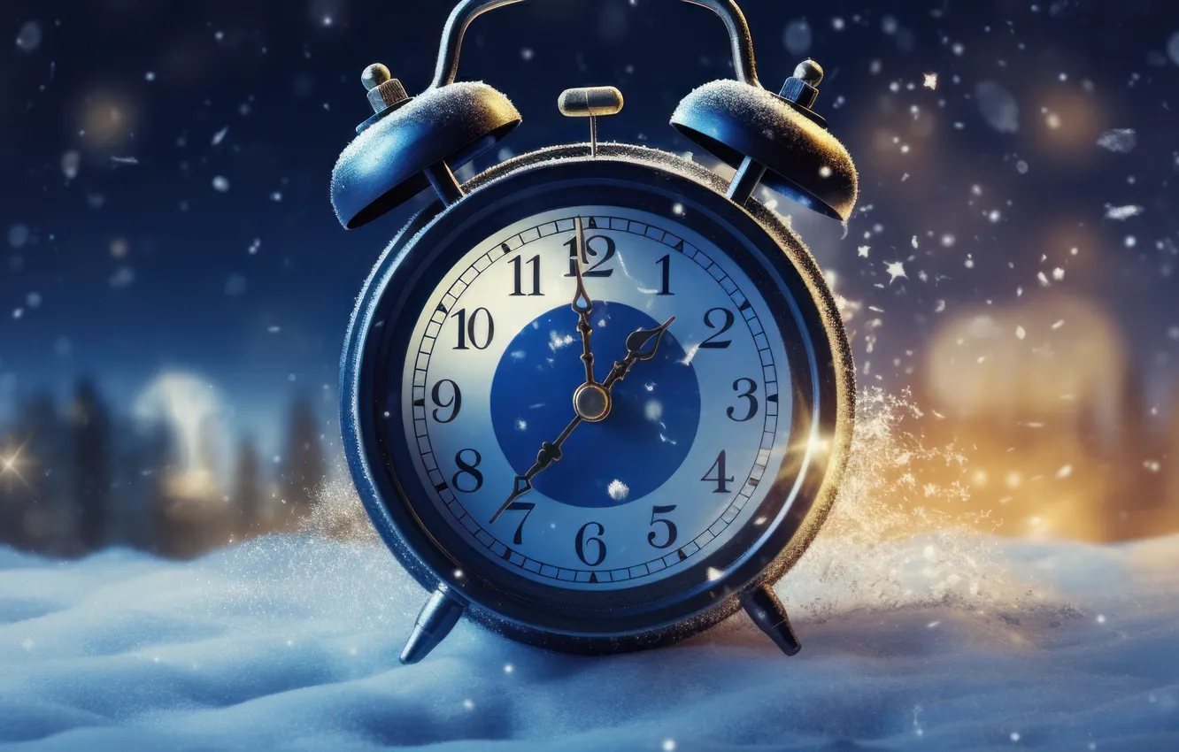 Photo wallpaper winter, snow, night, time, watch, new year, Christmas, panorama