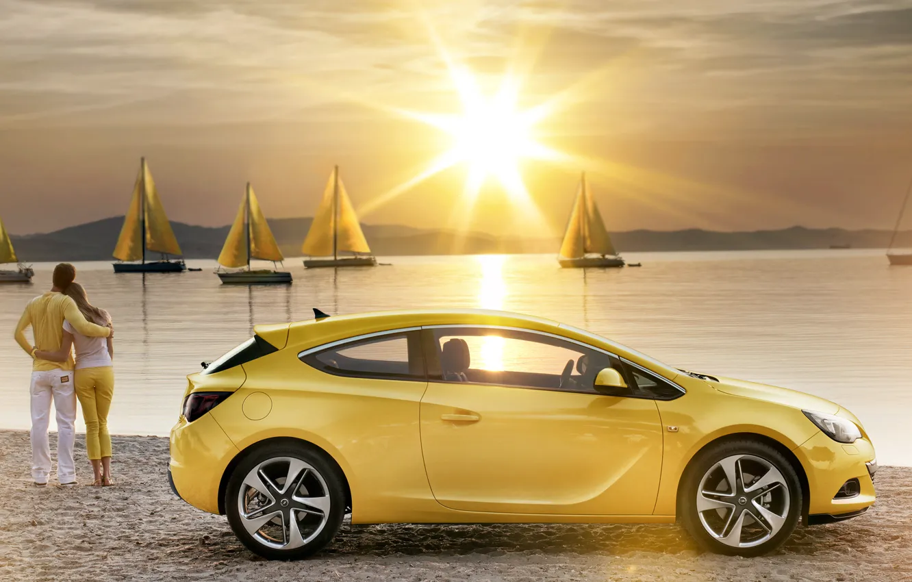 Photo wallpaper water, the sun, sunset, yellow, romance, shore, coupe, yachts