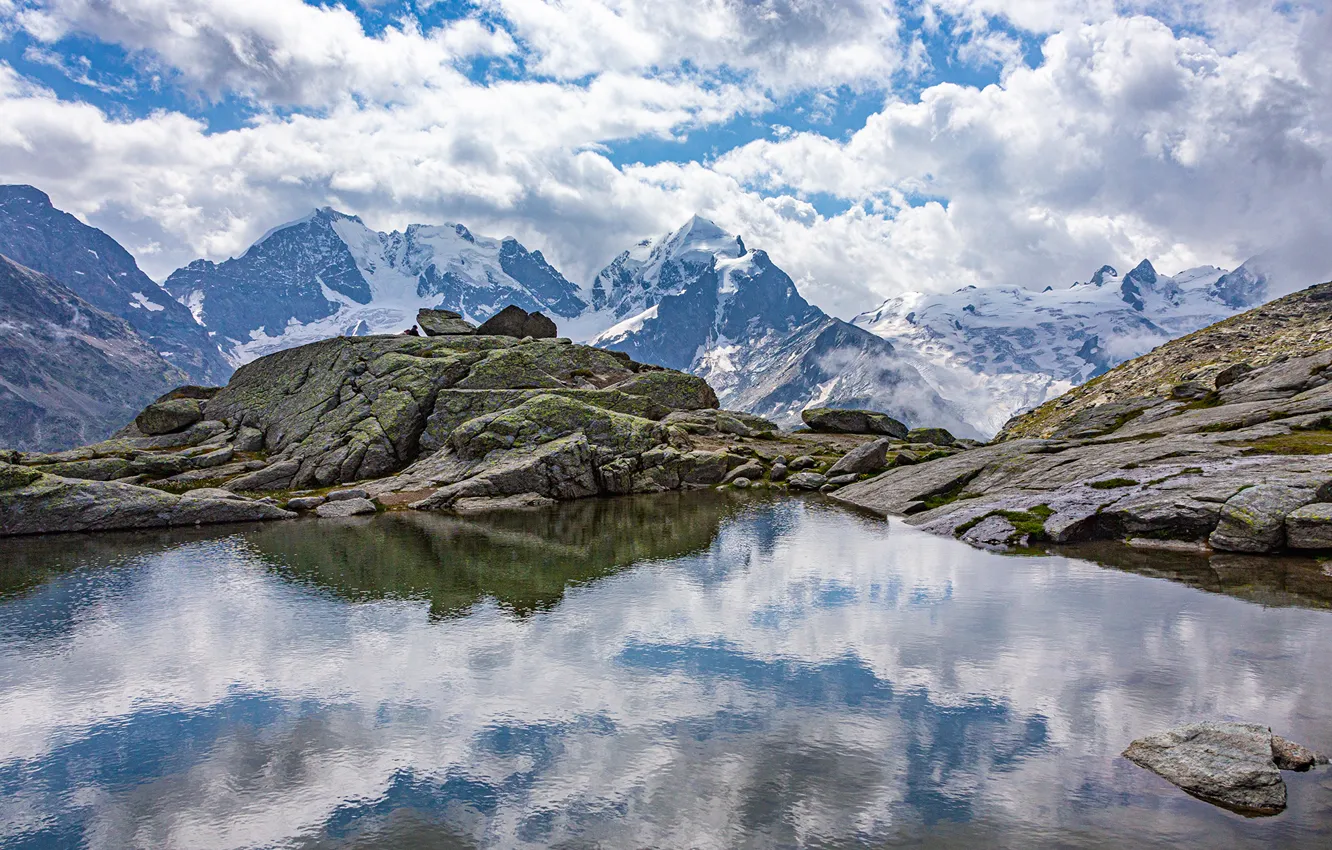 Photo wallpaper Clouds, Reflection, Mountains, Lake, Switzerland, Alps