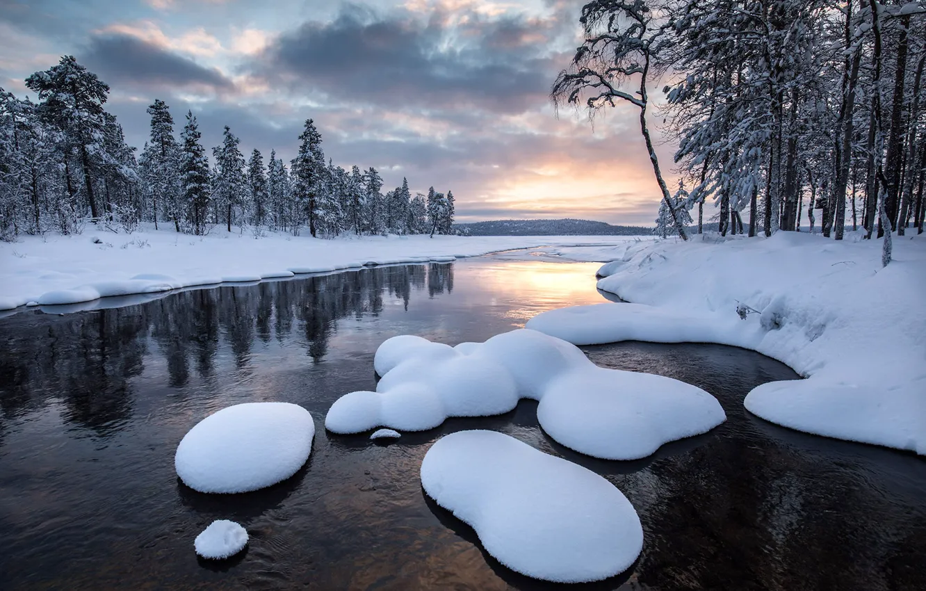Photo wallpaper winter, snow, river