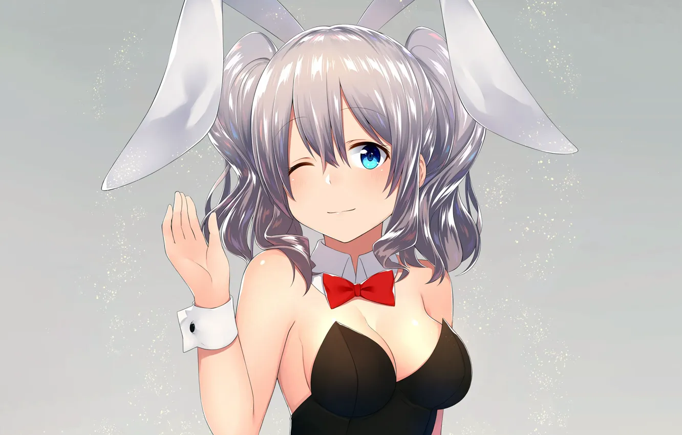 Photo wallpaper girl, sexy, cleavage, boobs, anime, blue eyes, beautiful, short hair