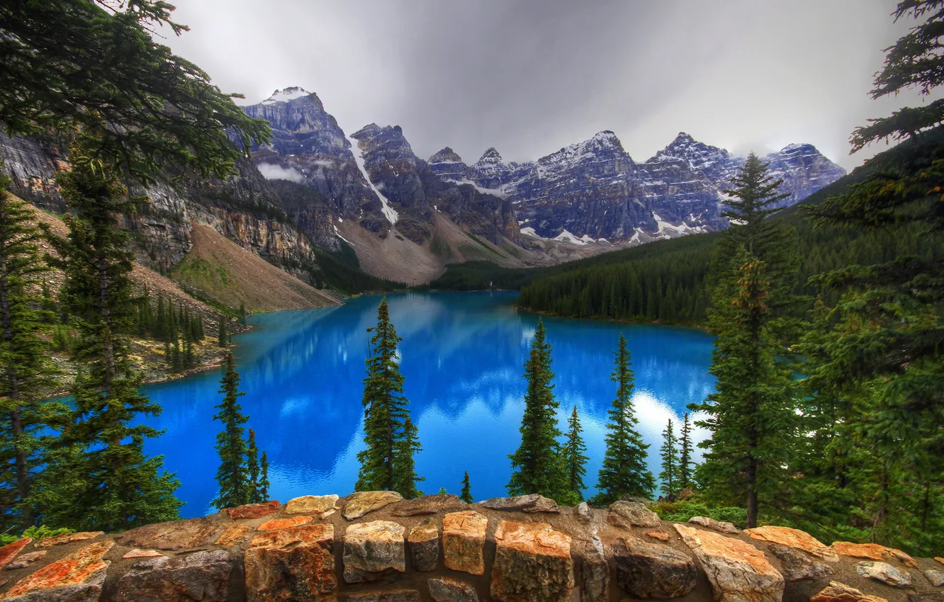 Photo wallpaper forest, trees, mountains, nature, lake, stones, rocks, Banff National Park
