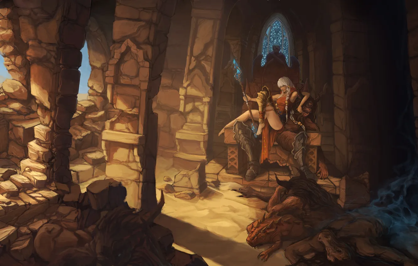 Photo wallpaper castle, chair, Dead, the demon, art, resting, Diablo 3, the throne