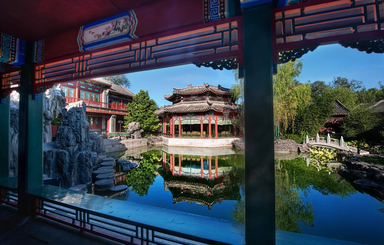 Photo wallpaper style, water, decoration, Oriental buildings