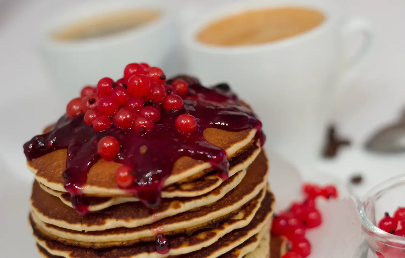 Photo wallpaper coffee, Breakfast, pancakes, dessert, sweet, delicious, red currant, pancake