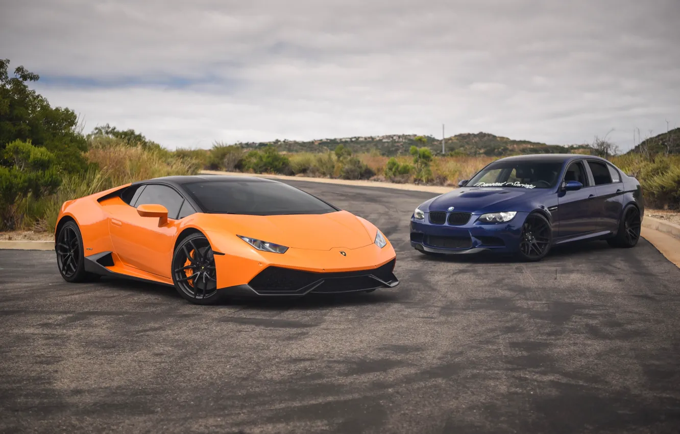 Photo wallpaper Lamborghini, BMW, Orange, Blue, E90, Huracan, LP610-4, M3