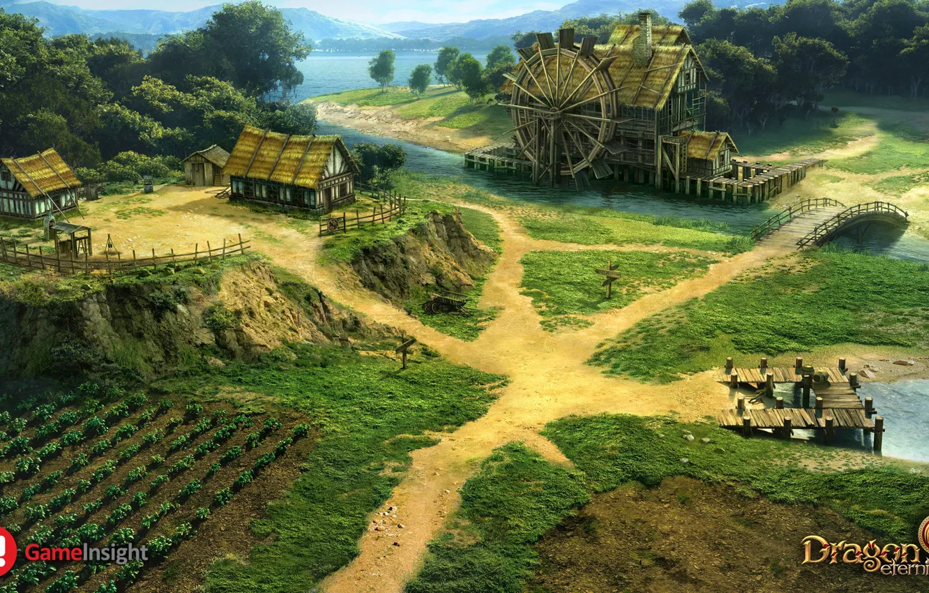 Photo wallpaper trees, river, home, mill, Dragon Eternity, sadar watermill