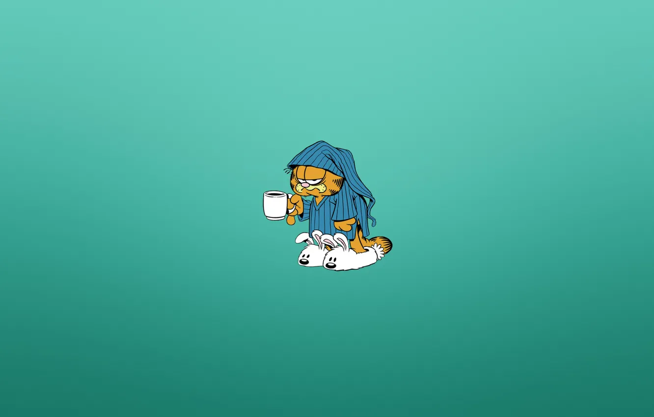 Photo wallpaper cat, minimalism, morning, mug, pajamas, Garfield, Garfield, gloomy