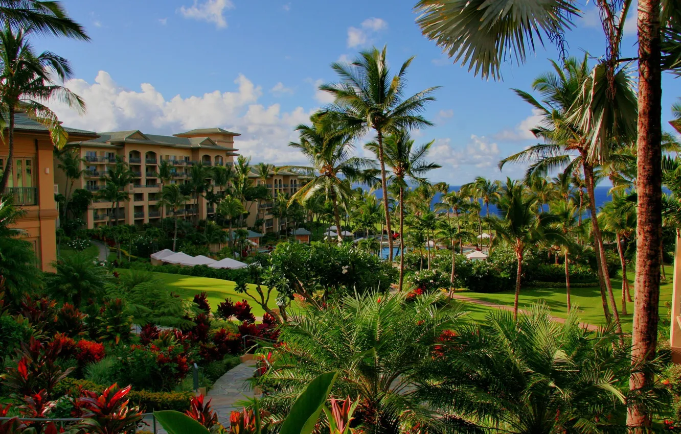 Photo wallpaper sea, flowers, palm trees, pool, the hotel, Hawaii