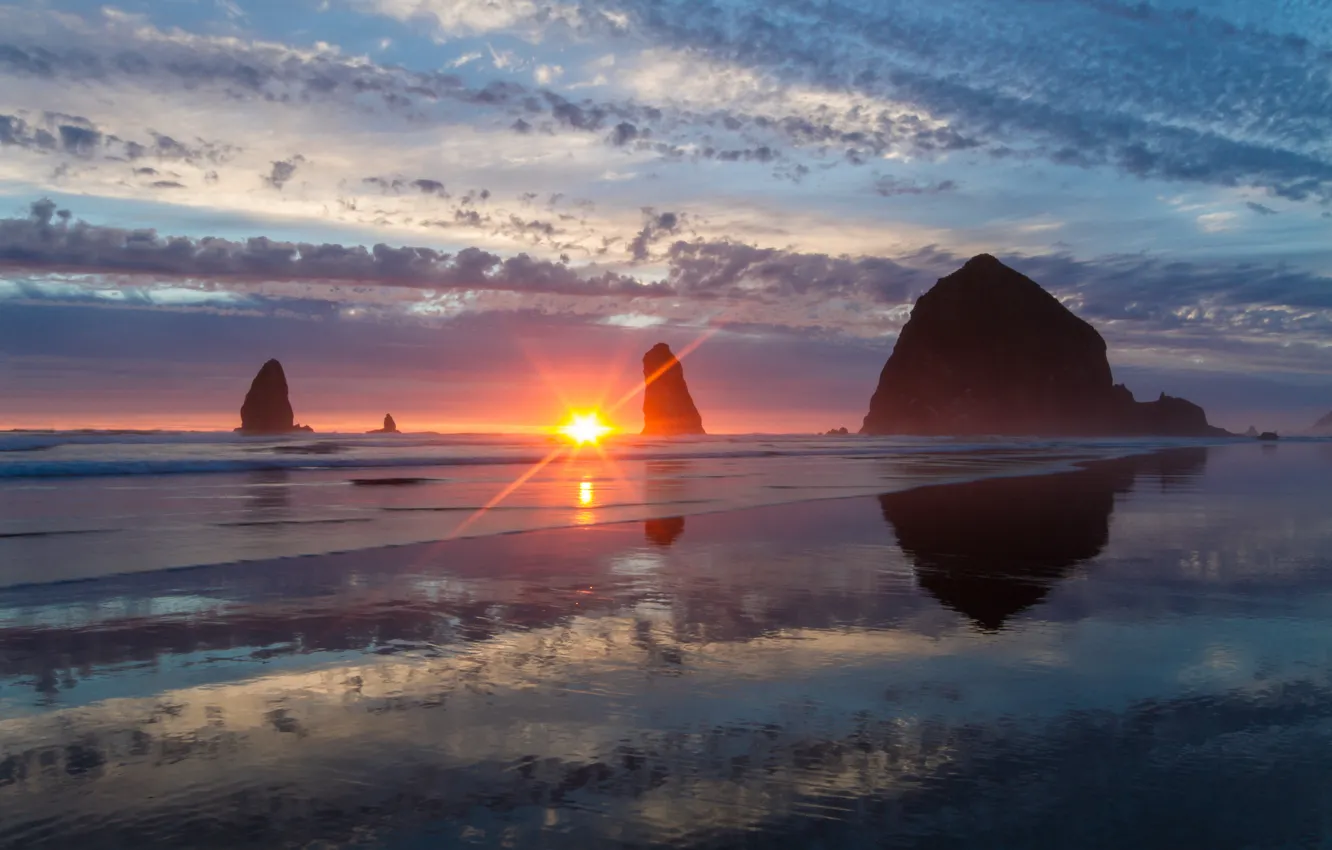 Photo wallpaper sunset, rocks, coast, Oregon, Oregon, Pacific Ocean, The Pacific ocean, Haystack Rock