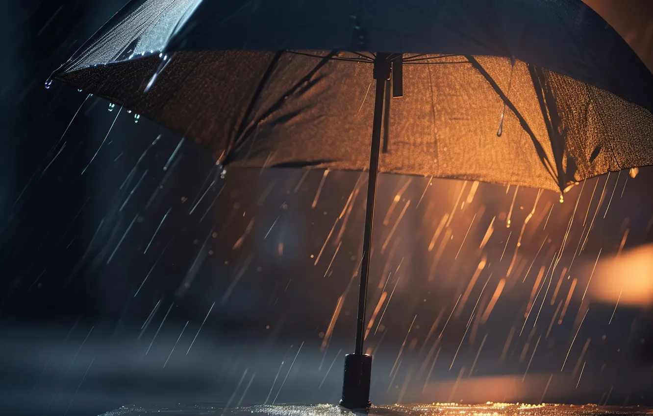 Photo wallpaper drops, light, night, umbrella, rain, umbrella, the shower, opened