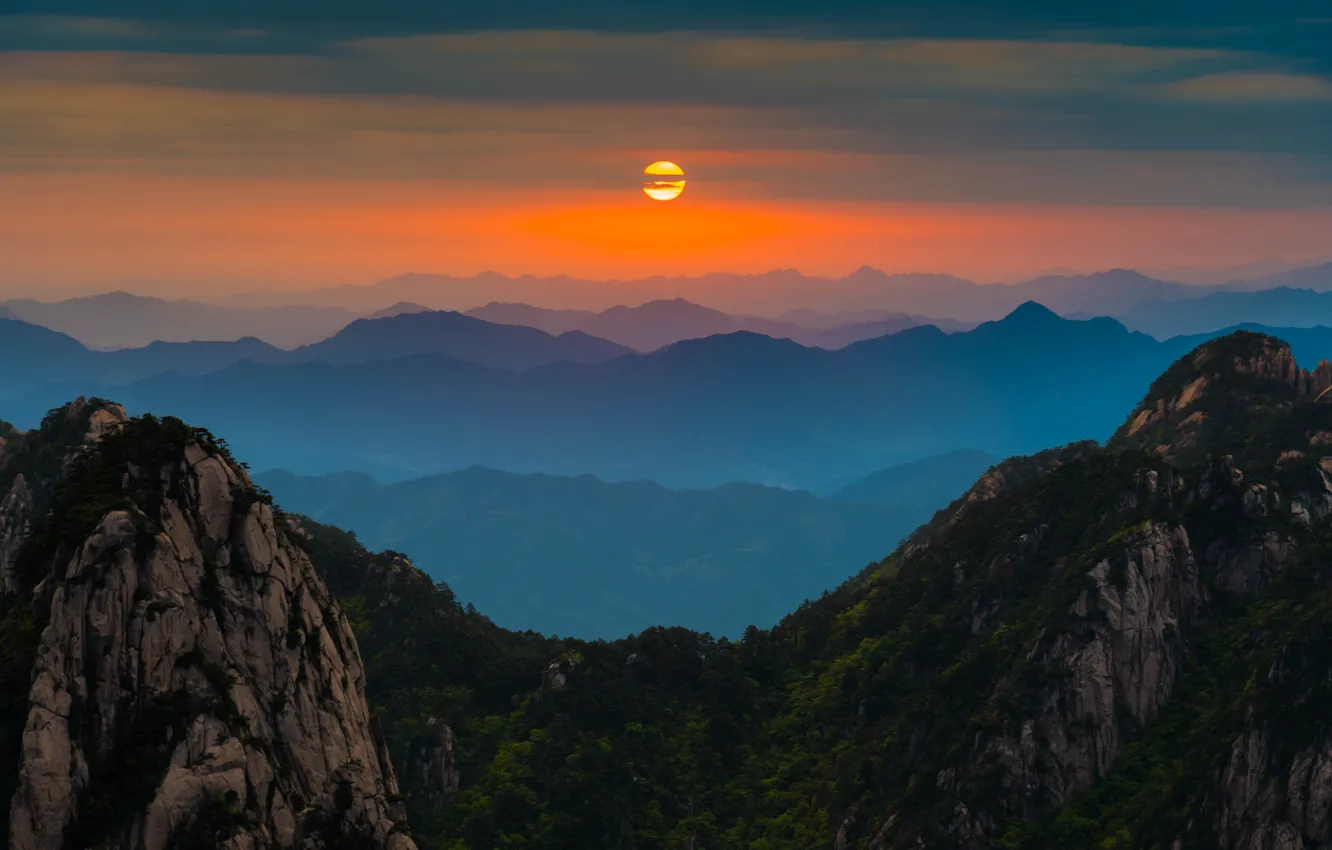 Photo wallpaper clouds, mountains, sunrise, horizon, silhouette, China, orange sky, Anhui