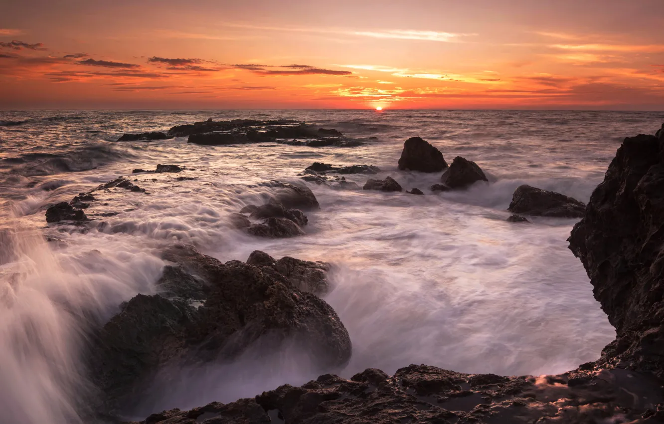 Photo wallpaper sea, wave, the sky, sunset, stones, rocks, shore, coast