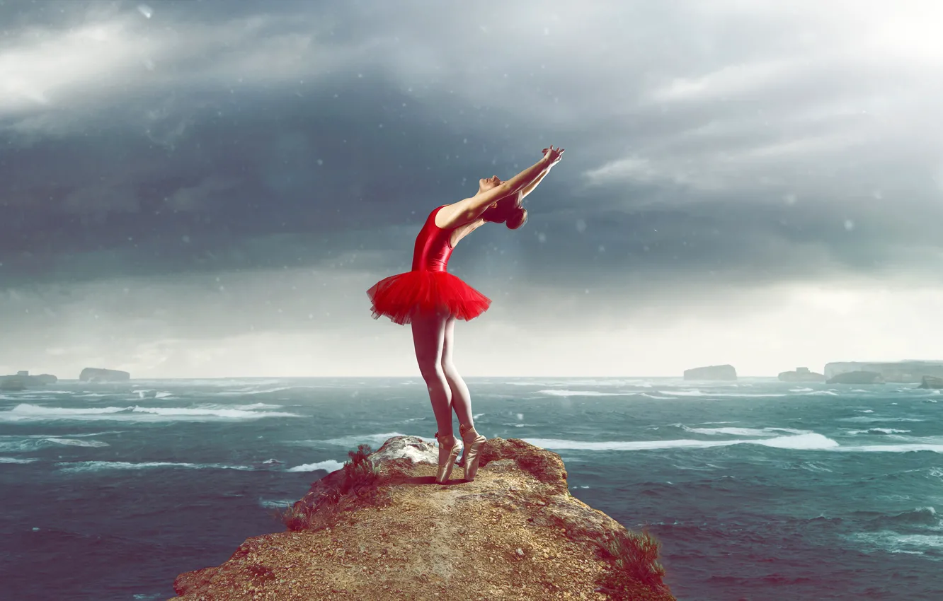Photo wallpaper sea, the sky, girl, clouds, pose, overcast, rocks, dance