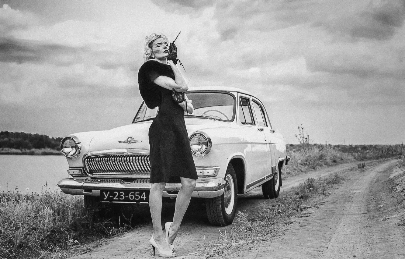 Photo wallpaper the sky, girl, dress, cigarette, mouthpiece, veil, Volga, GAZ-21