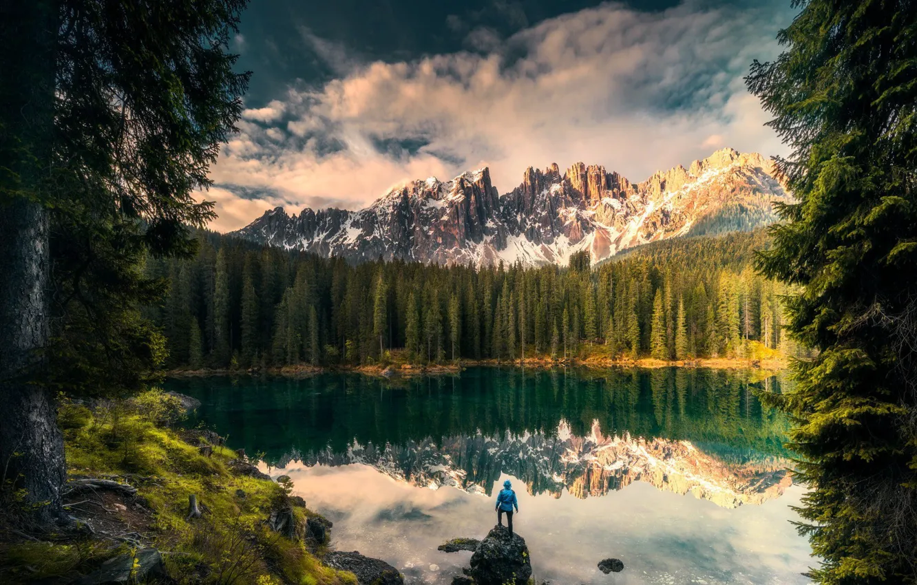 Photo wallpaper forest, the sky, clouds, snow, mountains, lake, people