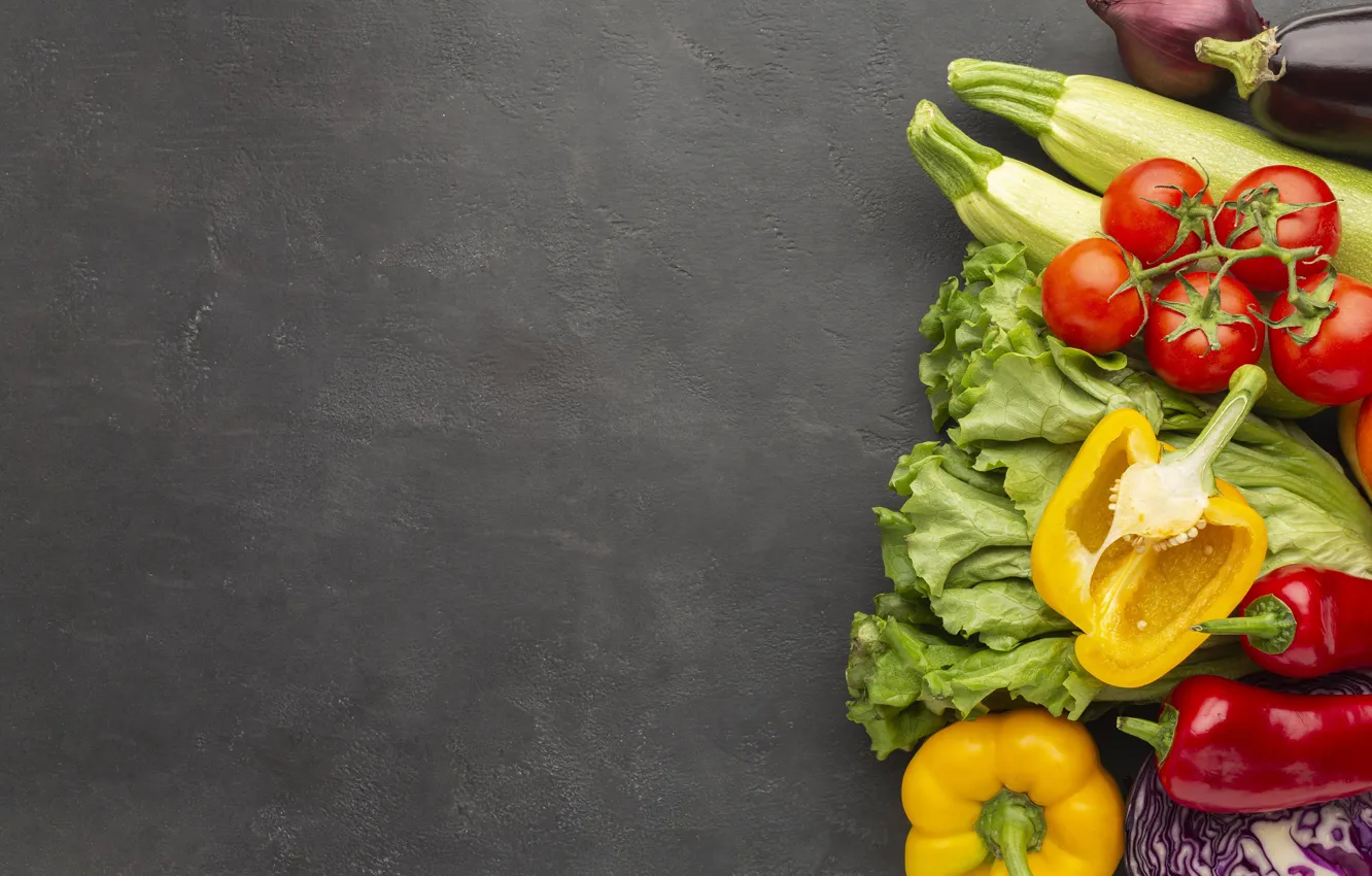 Photo wallpaper background, pepper, vegetables, tomatoes, salad, zucchini