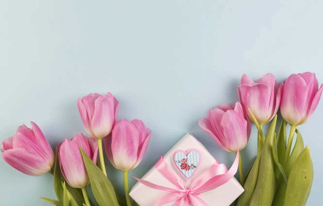 Photo wallpaper flowers, gift, bouquet, tulips, love, pink, fresh, wood