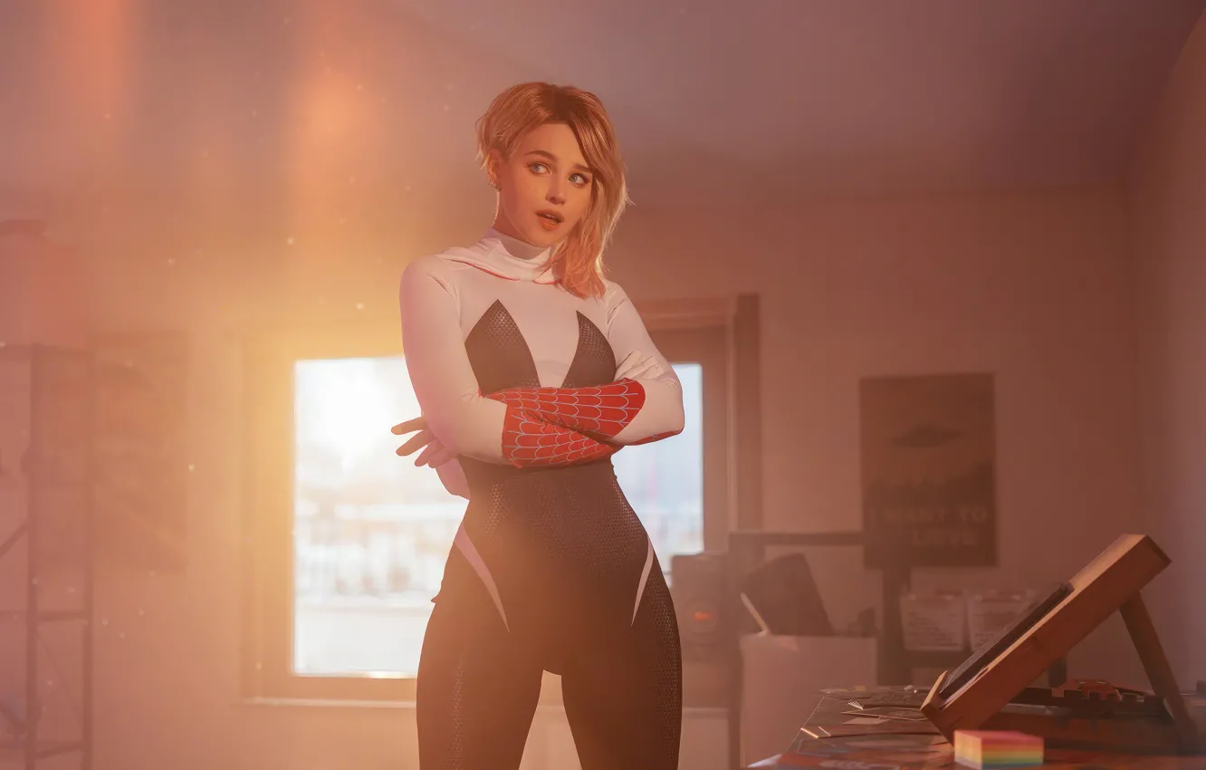 Photo wallpaper girl, sun, cosplay, room, blonde, Spiderman, Gwen Stacy, Shirogane Sama