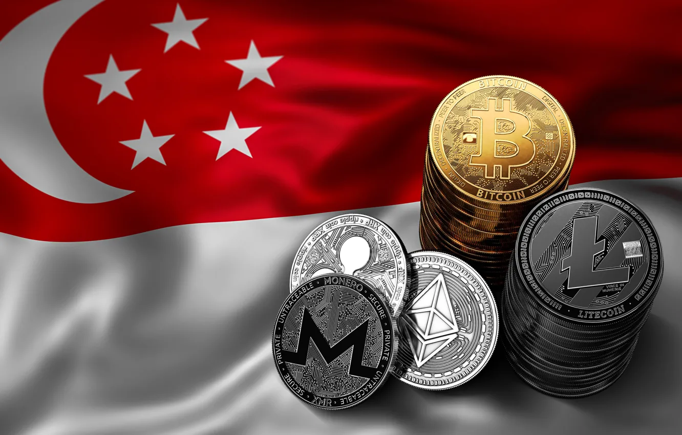 Photo wallpaper blur, flag, Singapore, singapore, fon, flag, bitcoin, ripple