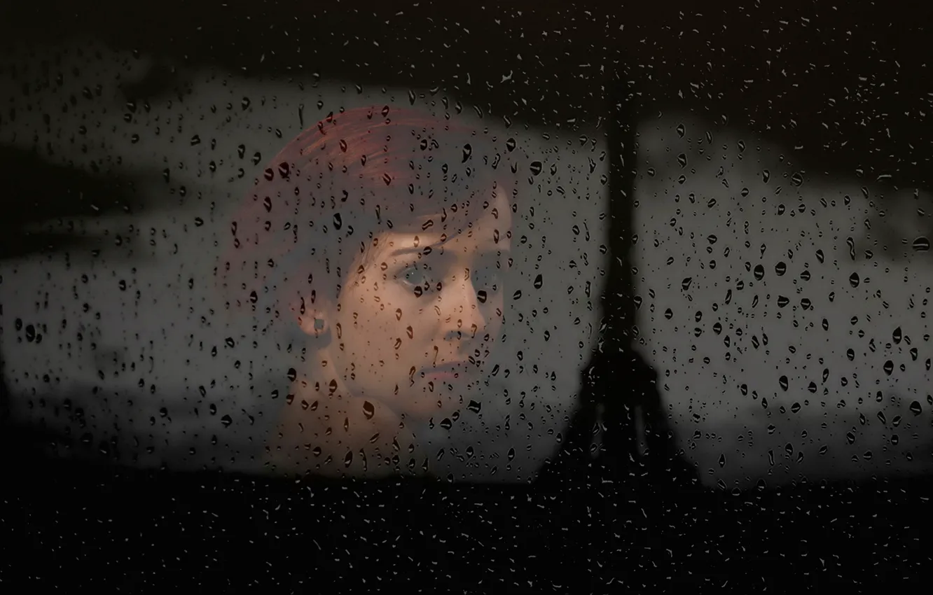 Photo wallpaper glass, girl, drops, silhouette, window