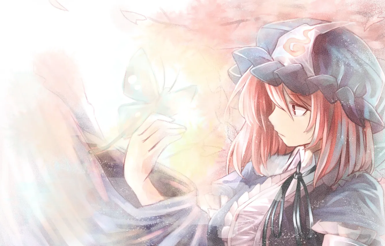 Photo wallpaper girl, butterfly, cap, touhou, short hair, solo, Saigyouji Yuyuko