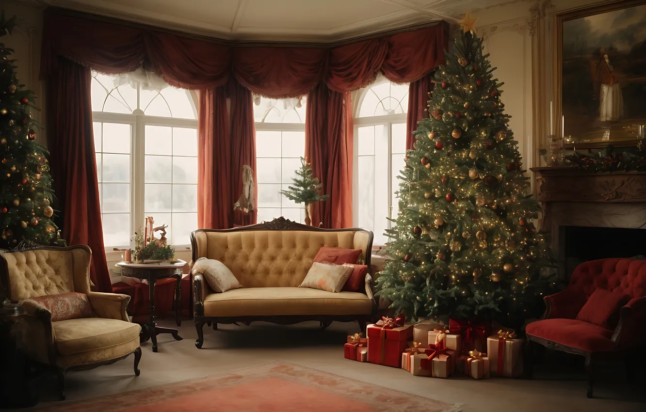 Photo wallpaper decoration, room, gift, tree, new year, interior, Christmas, fireplace