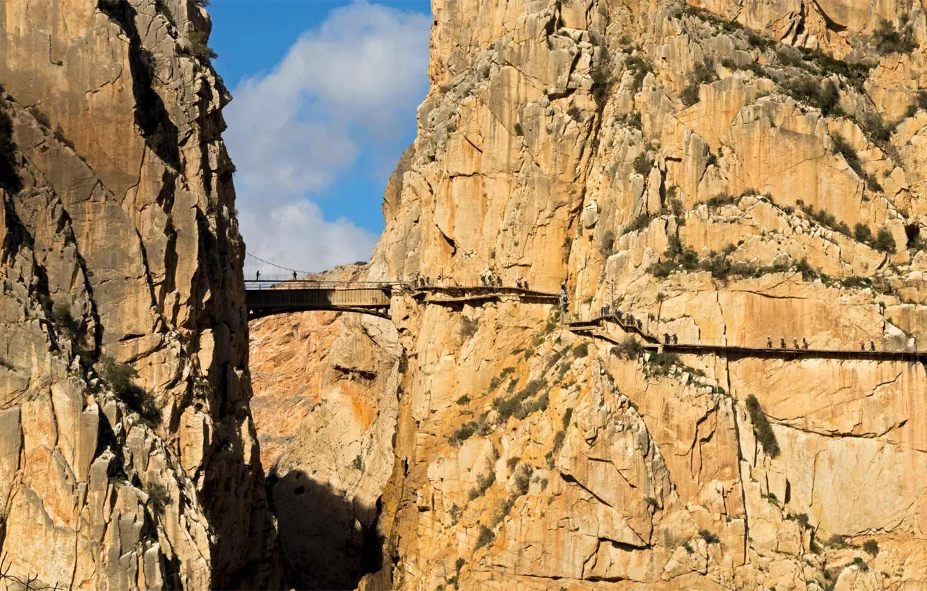 Photo wallpaper mountains, bridge, rocks, gorge, Spain, Malaga, El Chorro, Royal trail