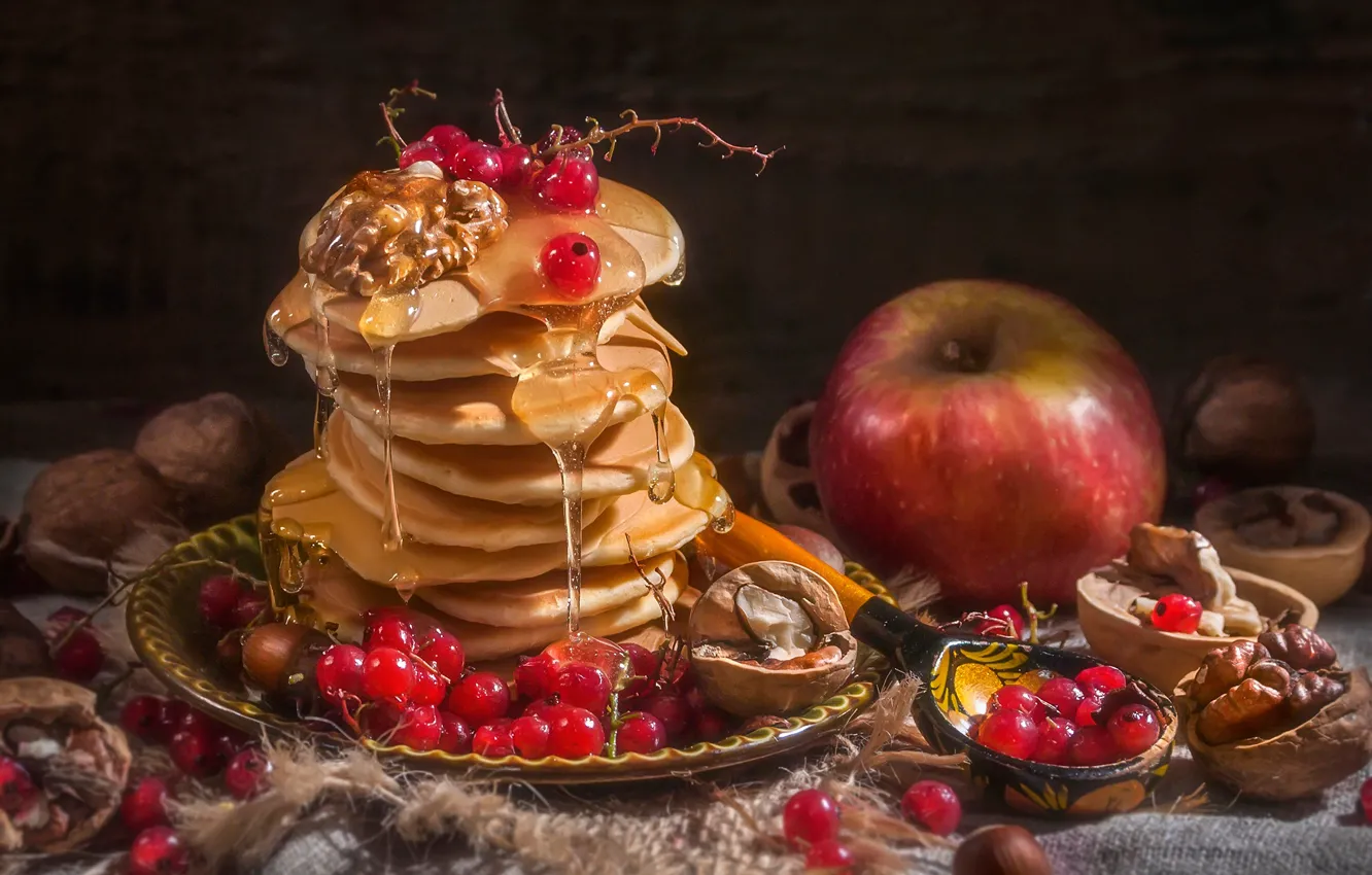 Photo wallpaper berries, Apple, spoon, nuts, honey, pancakes, red currant, Vladimir Volodin