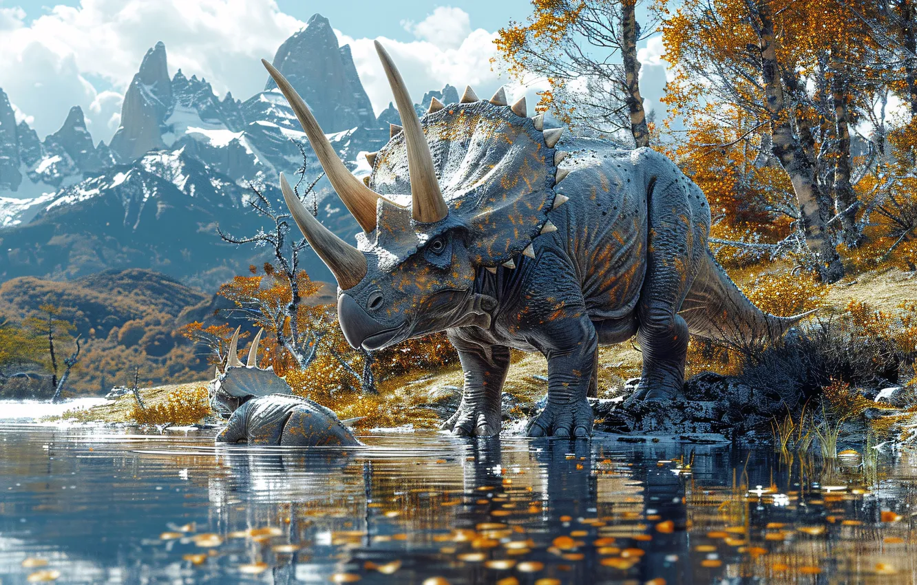 Photo wallpaper water, trees, mountains, animal, dinosaur, horns, river, Triceratops