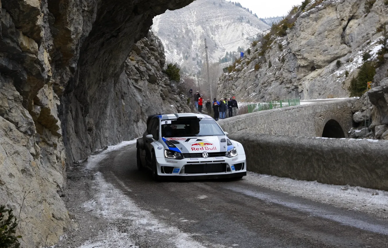 Photo wallpaper Mountains, Rocks, Sport, Volkswagen, Machine, Red Bull, WRC, Rally