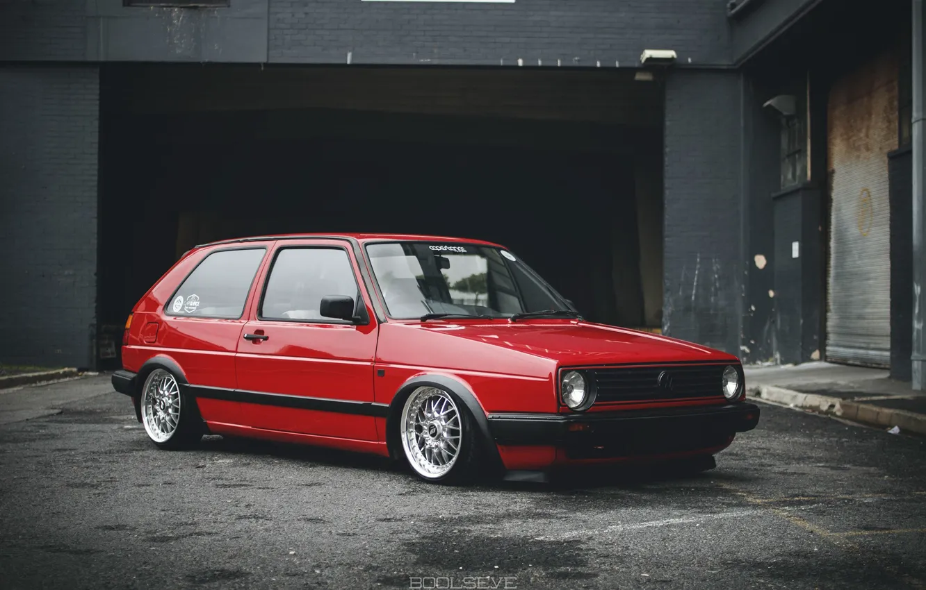 Photo wallpaper volkswagen, red, wheels, golf, tuning, front, face, germany