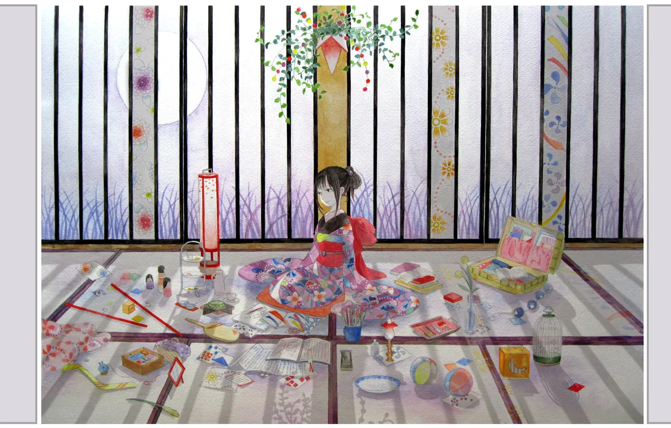 Photo wallpaper flowers, room, Japanese, toys, the ball, cell, pencils, drawings