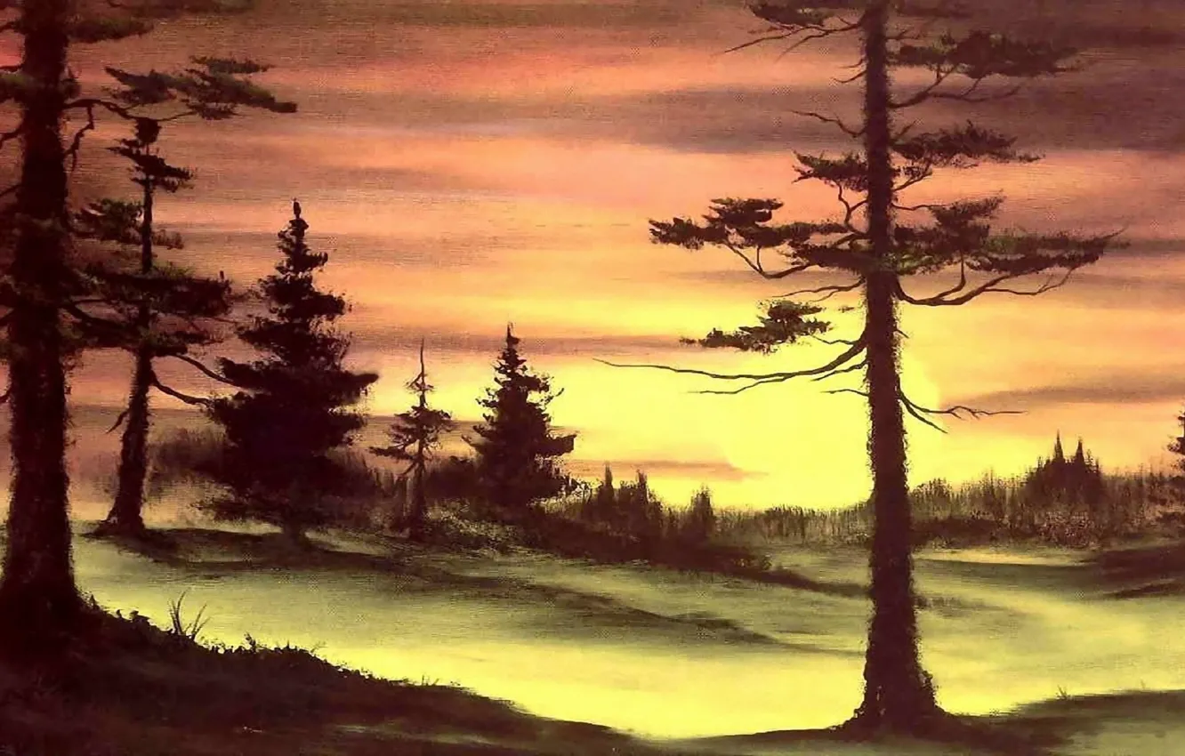 Photo wallpaper forest, the sun, trees, sunset, nature, picture, painting, Bob Ross